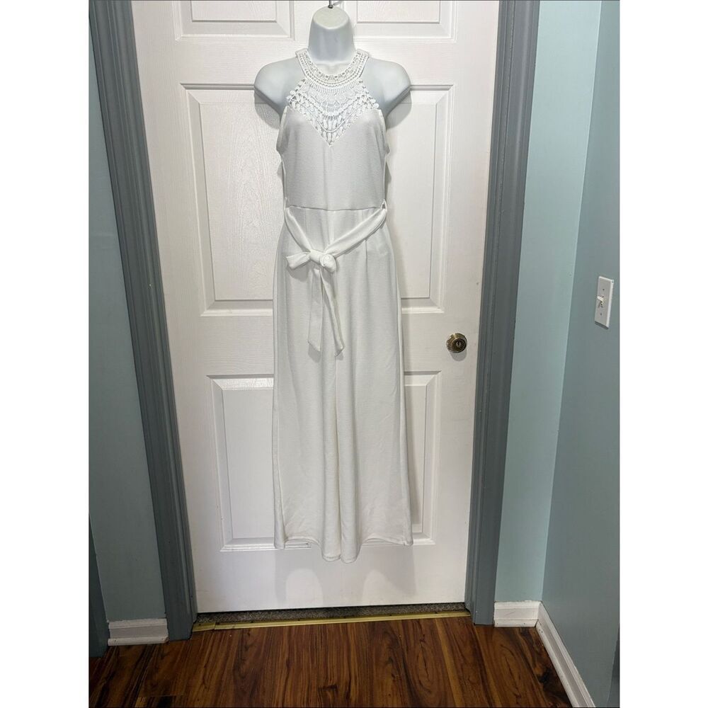 Crochet Halter Jumpsuit with Waist Tie
